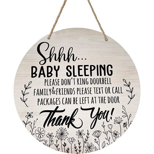 Deroro Baby Sleeping Sign for Front Door, Please Do Not Ring Doorbell Wood Door Hanger for Outdoor Outside Porch Decor, Rustic Wooden Wreath Wall Hanging Decoration for Home - Baby Sleeping Please Do Not Ring Doorbell