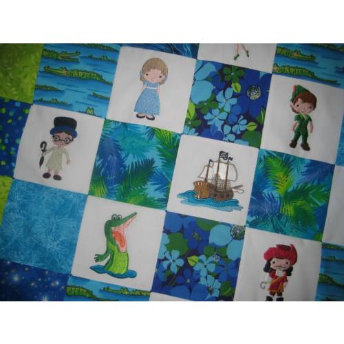 Peter Pan embroidered baby quilt, MADE TO ORDER patchwork minky blanket, blue and green crib bedding, Neverland nursery, storyteller quilt