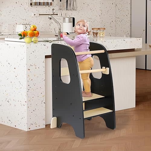 Ezebaby Toddler Kitchen Stool Helper, Standing Tower for 1.5-5 Year Olds, Rounded Edge Design & Anti-Tip Base, Removable Rail Kitchen Step Stool-Black
