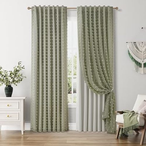 Hokibero 100% Blackout Sage Green Curtains 84 Inch Long Room Darkening Double Layer Light Weight Boho Pom Pom Pattern Farmhouse Cottage Core Cottagecore Curtain for Bedroom Living Room 2 Panels 52x84