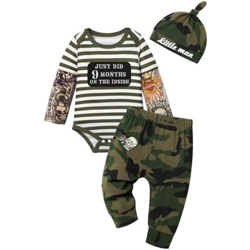 Baby Boy Clothes Tattoo Sleeve Funny Romper Bodysuit+Pants 3PCS Infant Outfits Set