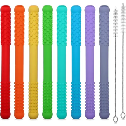 Teething Straws Sticks for Babies 6-12 12-18 Months, 8 Pack Teething Toys 3-6 Months, Silicone Teethers for Babies Toddlers Nursing Biting Chewing, Autism Chew Toys for Sensory Kids Teething Relief