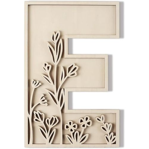 Layered 12 Inch Large Wooden Letters for Wall Decor, Flowered Paintable Wooden Nursery Letters for Crafts Wood Alphabet Letter E for Birthday Boho Nursery Name Sign Wedding Home Decoration