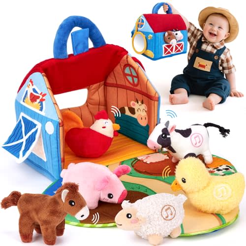 hahaland Baby Toys 6-12 Months - Surprise Barn with Stuffed Farm Animals with Real Sounds - Montessori Toys for 6 Month Old Baby 1 Year Old Boy Girl Gifts Toddlers Sensory Toy Christmas Baby Gifts