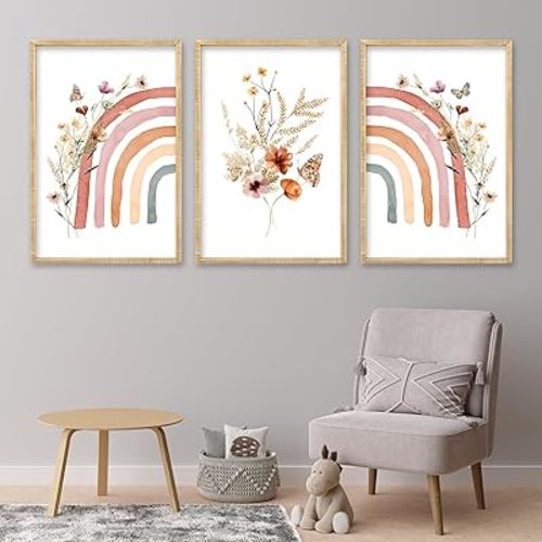 Set Of 3 Boho Colorful Butterfly Rainbow Wall Art Decor Girl Wildflower Nursery Wood Framed Sign Vintage Watercolor Flower Baby Room Aesthetic Flower Prints Wall Hanging 24x16 Inch (Wood)