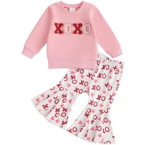 Toddler Baby Girl Valentines Outfits Embroidery Crewneck Sweatshirt Heart Bell-bottom Pants Set Valentines Day Clothes