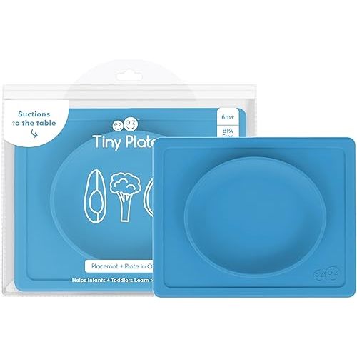 ezpz Infant Plate (6 Months+ | Blue) - Silicone Suction Plate for Baby with Built-in Placemat - Baby Led Weaning Supplies - Infant Plate That Fits on Most Highchair Trays