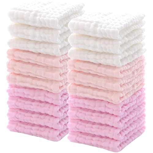 Breling 20 Pcs Baby Muslin Washcloths Natural Cotton Wipes Soft Newborn Baby Face Towel Absorbent Muslin Washcloth for Sensitive Skin 12 x 12 Inch(Powder Pink, White, Pink)