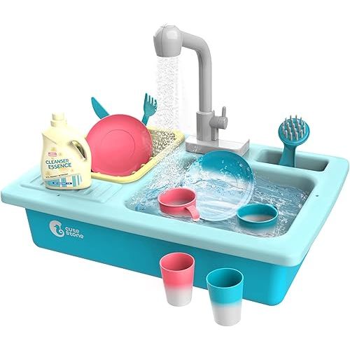 CUTE STONE Color Changing Kitchen Sink Toys, Children Electric Dishwasher Playing Toy with Running Water, Upgraded Faucet, Automatic Water Cycle System Play House Pretend Role Play Toys for Boys Girls