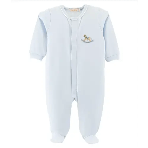 Blue Footie with Piping Trim- Embroidered Rocking Horse