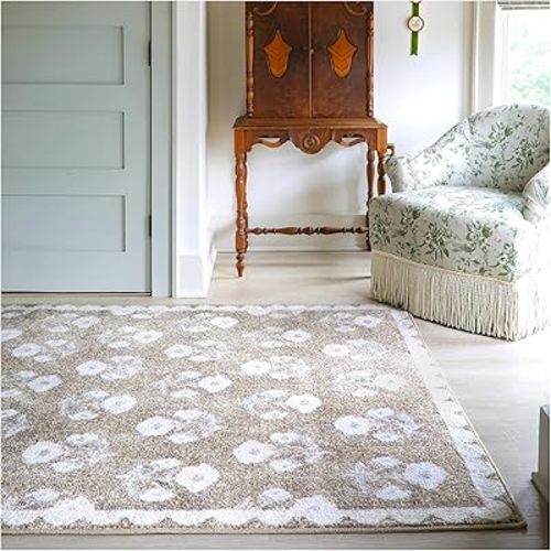 Jenni Yolo Home Louise Area Rug - 7'10" x 9'10" Tan Rectangle, Classic Floral with Scalloped Border, Stain Resistant, Easy to Clean, Soft, Durable Rug for Living Room, Bedroom or Indoor Home Decor