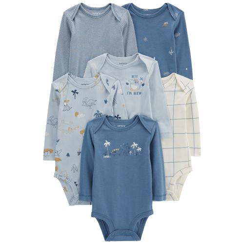 Baby 6-Pack Long-Sleeve Bodysuits - 3M - Style,Blue/White