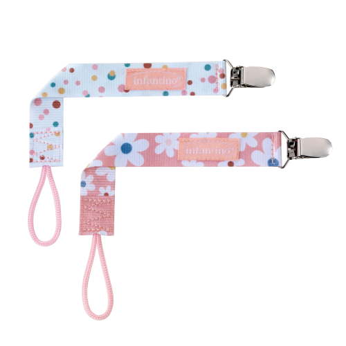 Infantino Pacigrip Universal Pacifier Clips for Infant & Toddler, Bubbly Pink Daisy, 2-Pack