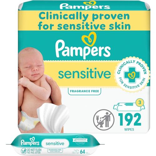 Pampers Baby Wipes Sensitive, Water Based Wipes, Hypoallergenic and Unscented Wipes, 192 Wipes Total (3 Refill Packs)