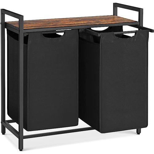 VASAGLE Laundry Hamper, Laundry Basket, Laundry Sorter with 2 Pull-Out and Removable Bags, Shelf, Metal Frame, 2 x 12.1 Gallons (46L), 28.8 x 13 x 28.4 Inches, Rustic Brown and Black UBLH201B01