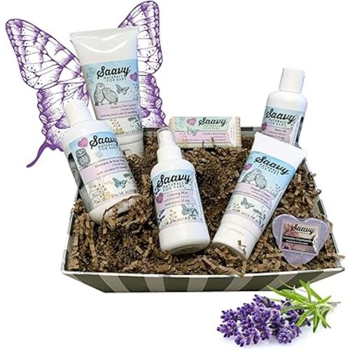 Saavy Naturals Baby Shower Gifts | Bath Set for Babies Includes 2 Soap Bars, 1 Infant Lotion, 1 Shampoo & Body Wash, 1 Baby Oil, 1 Calming Mist & 1 Unscented Diaper Cream | Chamomile & Lavender Scents