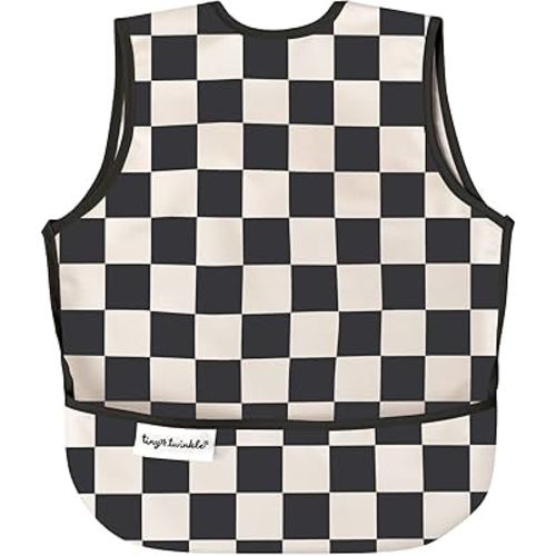 Tiny Twinkle Mess Proof Baby Bib - Waterproof & Lightweight Baby-Led Weaning Apron | 100% Recycled Polyester, Easy Clean & Machine Washable (Black Checkers, Small 6-24 Months)