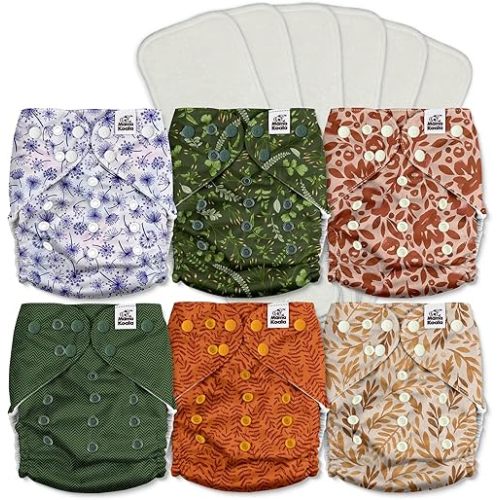 Mama Koala 3.0 Cloth Diapers for Babies with AWJ Lining, Reusable Washable One Size Adjustable Pocket Diapers for Newborns and Toddlers, 6 Pack with 6 5-Layer Bamboo Inserts (A-Cute Dinosaurs)