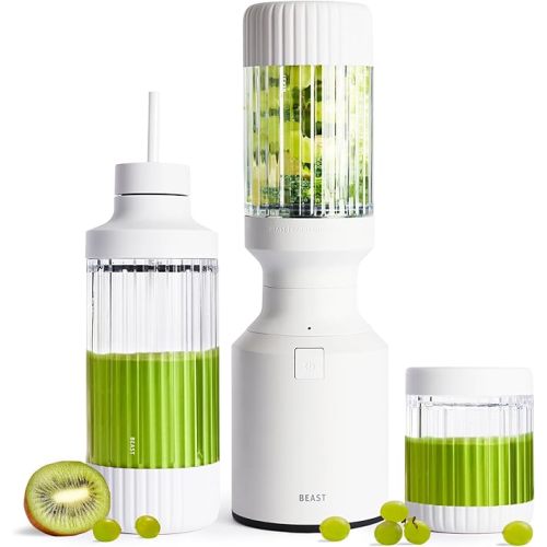 Beast Mighty 850 Plus | Premium Compact Personal Blender | Smoothies, Shakes, Dressings, Sauces | Blends Ice and Frozen Fruit | New XL Vessel | Extra Vessels, Lids and Straws | 850W (Cloud White)