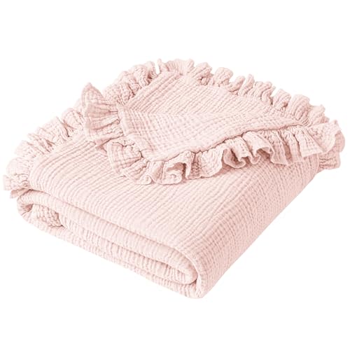 Konssy Flounce Muslin Baby Blanket for Girls Boys, 100% Cotton Soft Crib Swaddle Blankets, Reversible & Breathable Nursery Bedding for Newborns Toddlers, 43 x 39 Inches (Baby Pink)