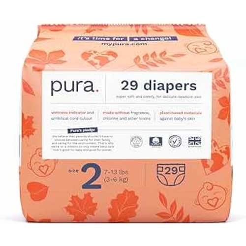 Pura Size 2 Eco-Friendly Diapers (7-13 lbs) TCF, Hypoallergenic, Soft Organic Cotton Comfort, Sustainable, Wetness Indictor. Allergy UK, Paper Packaging. 1 Pack of 29