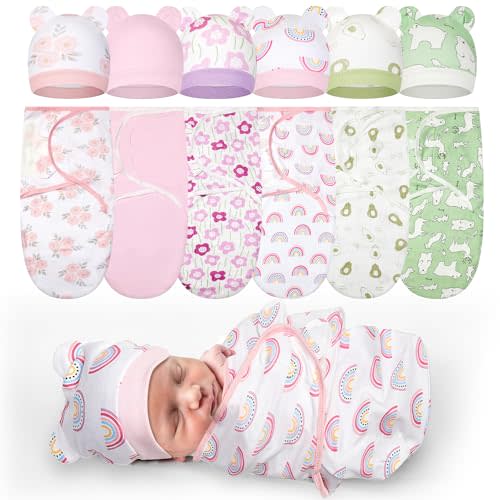 Ramede 6 Pack Preemie Swaddle Blanket with Hats Sleep Swaddle for Baby Boy Girl Preemie Newborn Sacks Soft Cotton Wearable(Flower,Pink and Green)