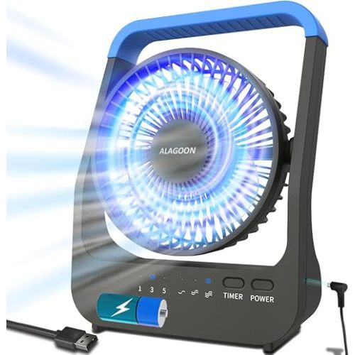 Portable Desk Fan, D Battery Operated Fan for Hurricane, Powered Fan by USB Cable 214H Long Lasting with Timer 6'' Portable for Outdoor Camping Quiet 3 Speeds for Office Bedroom(Blue)