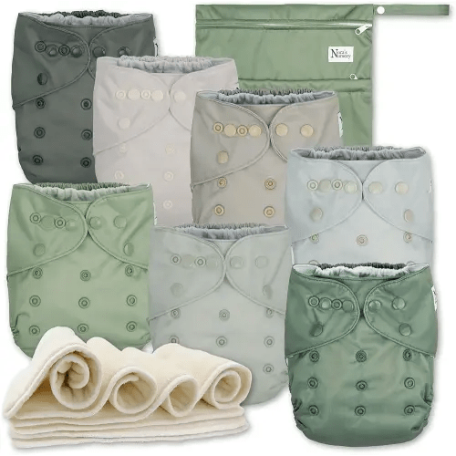 Nora's Nursery AWJ Cloth Diapers 7 Pack with 1 Wet Bag - Waterproof Cover, Washable, Reusable & One Size Adjustable Pocket Diapers for Newborns and Toddlers - Morning Dew