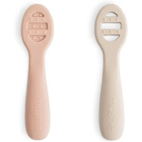 mushie Silicone First Feeding Baby Spoons | 2 Pack (Blush/Shifting Sand)