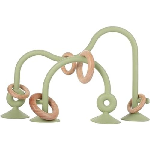 Baby Suction Cup High Chair Toys, Silicone Suction Cup Toy with Wooden Rings BPA Free Educational Interactive for Infant Baby Toddler 0-18 Months Nursery Kindergarten Home Babyroom (Green)