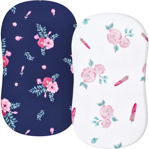 TILLYOU Baby Bassinet Sheets for Girls Boys, Fit for Hourglass Oval Rectangle Bassinet Mattress Sheets, 33”X16”, 2 Pack Floral Flowers