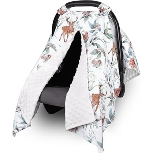 TANOFAR Baby Carseat Canopy, Peekaboo Opening Car Seat Canopy for Babies, Soft and Breathable Infant Carrier Canopy, Multi-use Baby Carrier, Stroller, Nursing Cover, Minky Blanket, Animal Leaf