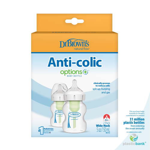 Dr. Brown's Natural Flow Anti-Colic Options+ Wide-Neck Baby Bottle, 5 oz/150 mL, Level 1 Nipple, 2-Pack, 0m+