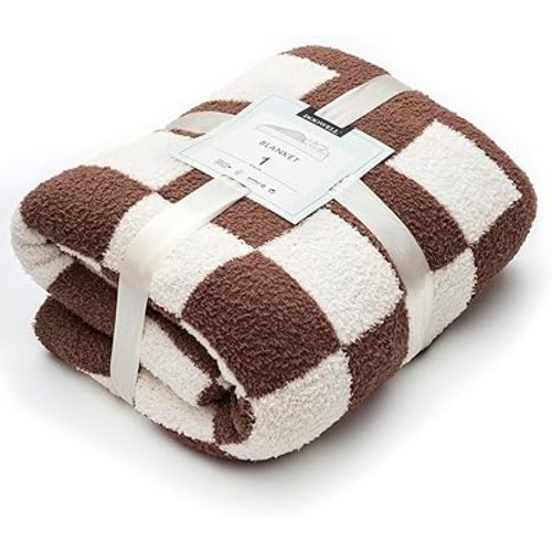 DOOWELL Checkered Blanket Throw Soft Knit Blanket with Checkerboard Grid Pattern for Couch Sofa Bed Camping Travel Gift (Khaki, 50"x60")