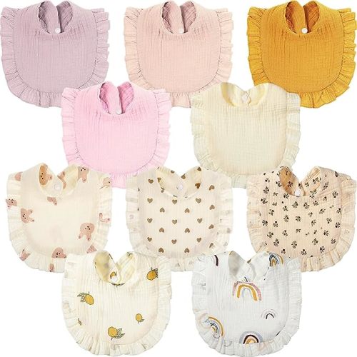 Mepase 10 Pcs Large Muslin Baby Girl Bibs Drool Teething Bibs Lap Shoulder for Boy Girls Teething(Fresh Colors)