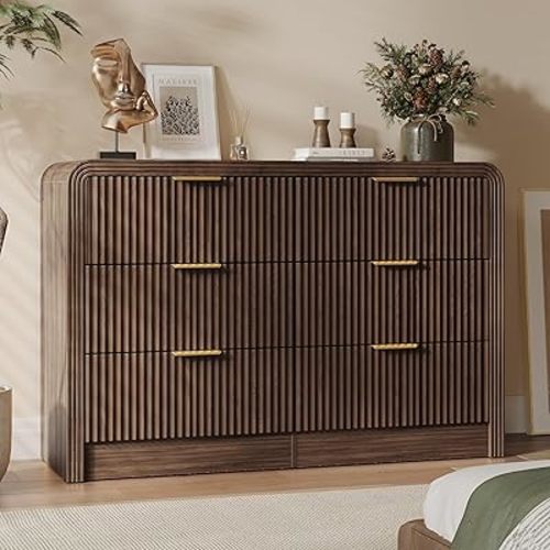 Decofy Fluted Drawers Dresser for Bedroom, Wood Dressers with Gold Handles, Modern Dressers with Wave Texture, Large Storage Chest of Drawers, Bedroom Dresser Organizer 47'' & 6 Drawers (Walnut)