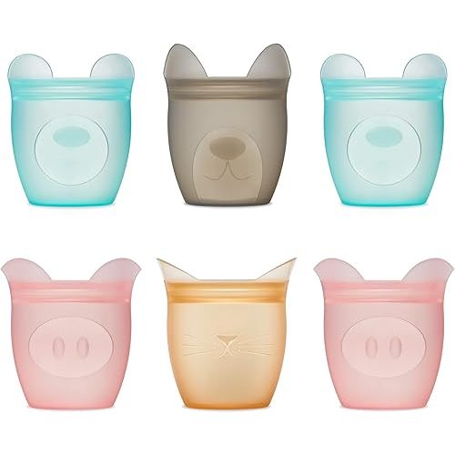 Zip Top Reusable 100% Silicone Kids Snack Food Storage | 6 Piece Set - 2 Bear, 2 Pig, 1 Cat, 1 Dog | Meal Prep Container | Microwave, Dishwasher and Freezer Safe | Made in the USA