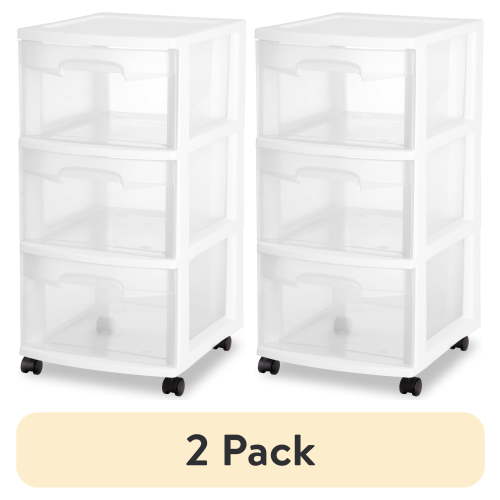 (2 pack) Sterilite 3 Drawer Cart, Clear Plastic Storage Drawers, Wheels Included, White