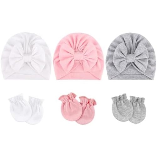 DRESHOW BQUBO Newborn Baby Hospital Hats Beanie Bow Infant Caps Baby Cotton No Scratch Mittens Set for 0-12 Months
