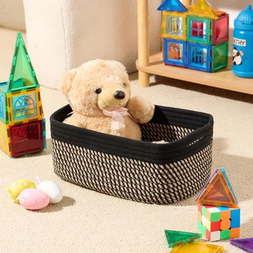 Baskets for Organizing | Closet Organizer Bins | Shelf Toy Basket | Woven Rope Baskets | Cube Decorative Box | Shallow Basket | 13x8.5x5.1” | 3 Packs Black Brown