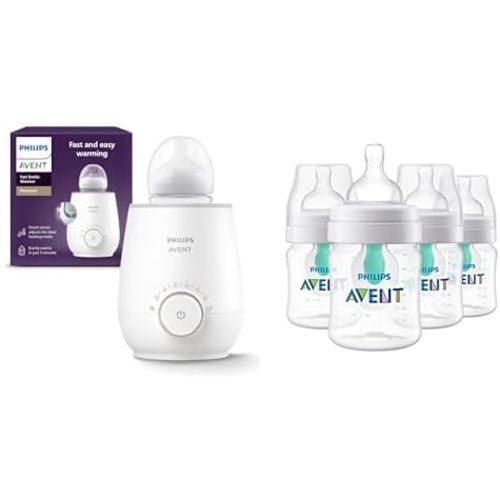 Philips Avent Warming Bundle with Anti-Colic baby bottle with AirFree Vent 4 Ounce 4 Pack + Fast baby bottle Warmer