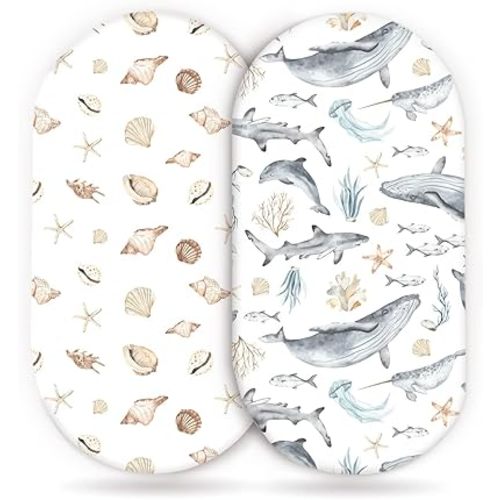 GRSSDER Stretchy Ultra Soft Fitted Bassinet Sheets Set 2 Pack, Cradle Sheet Universal Fit for Rectangle, Oval, or Hourglass Bassinet Pad/Mattress Safe and Snug, Stylish Cute Whale Sea Worl for Baby