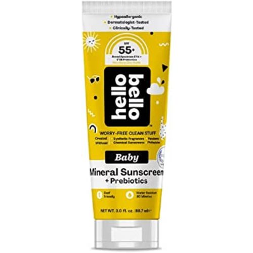 Hello Bello Mineral SPF 55+ Sunscreen Lotion with Prebiotics I Water Resistant and Reef Friendly Sun Protection for Babies and Kids I 3 fl oz (Pack of 1)