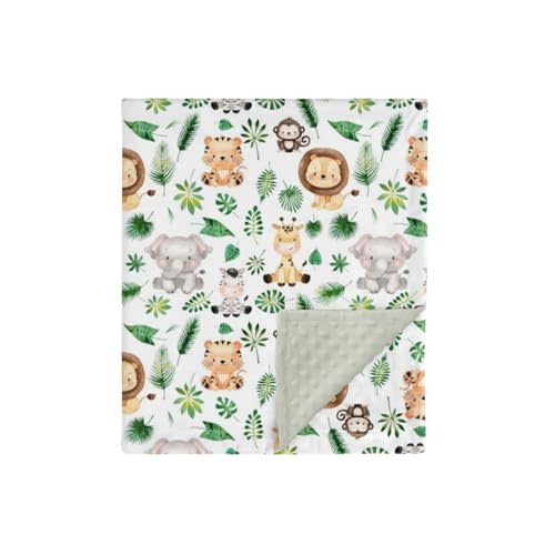 HawSkgFub Safari Jungle Animals Mink Baby Blankets with Dotted Backing Boy Girl Shower Gift, Green Tropical Plant Double Layer Nursery Swaddle, Soft Newborn Infant Toddler Bed Crib Bedding 30 x 40