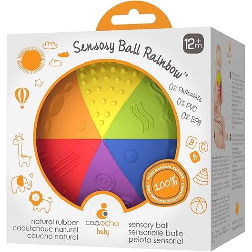 caaocho Pure Natural Rubber Sensory Ball Rainbow 4" - BPA Free Baby Ball Toy, for Sensory Play, Perfect Bouncer, Gentle Squeaking