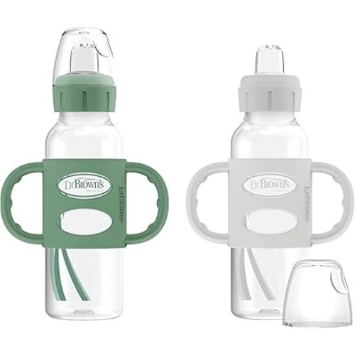Dr. Brown's Milestones Narrow Sippy Spout Bottle with 100% Silicone Handles, Easy-Grip Handles with Soft Sippy Spout, 8oz/250mL, Green & Gray, 2-Pack, 6m+
