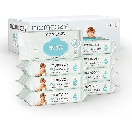 Momcozy Water Baby Wipes-Extra Large Size Design, 99% Water Based Wipes, Unscented & Hypoallergenic, Cleansing & Moisturizing Baby Wipes for Sensitive Skin, 8 Flip-Top Packs (480 Wipes Total)