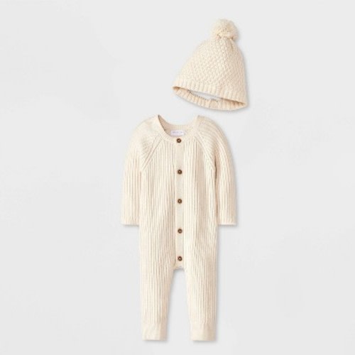 Grayson Mini Baby Button-Front Romper with Hat - Cream Newborn