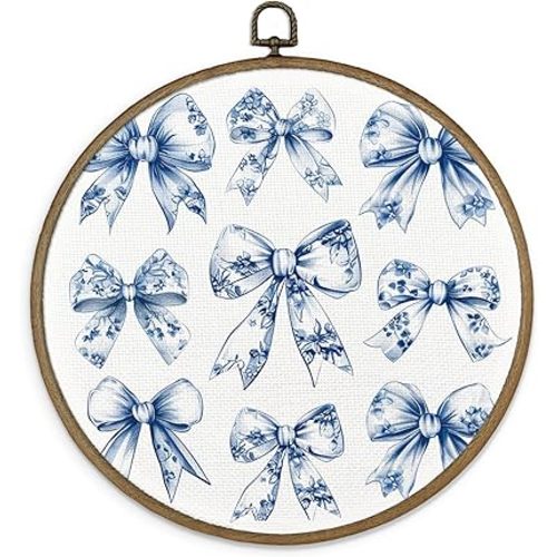 MAQIKA Preppy Chinoiserie Bow Framed Wall Art Decor, Coquette Room Decor, Blue and White Round Wall Hanging Decor, Trendy Bow Canvas Prints Wall Art for Girls Room Bathroom Kitchen, 10x10 Inch