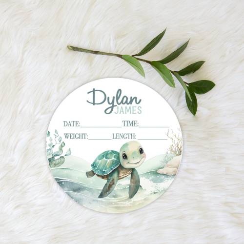 Baby Boy Birth Stat Sign, Sea Turtle Birth Stat Sign, Round Wood Ocean Birth Stat Sign, Personalized Birth Stat, Newborn Shower Gift S561b